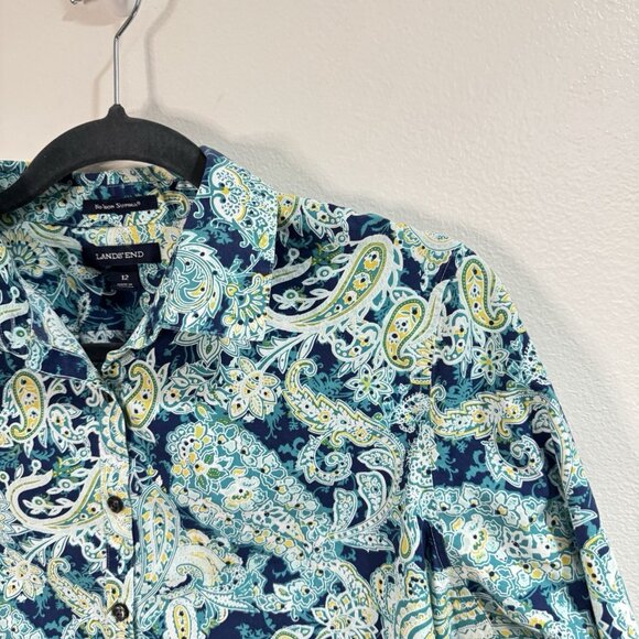Lands' End Shirt Blouse 12 / L No Iron Supima Cotton Paisley Blue 3/4 Sleeves - Picture 2 of 8